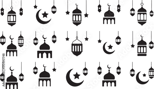 Black Islamic Ramadan decorative icons with mosque domes crescent moons and stars on white background for design and celebration  traditional Muslim symbols