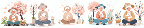 vector of a grandmother sitting hugging a rabbit in the garden during spring