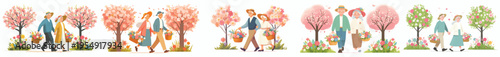 vector of a old couple walking together after picking flowers in spring