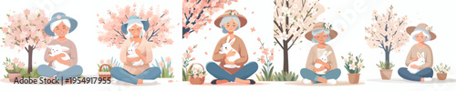 vector of a grandmother sitting hugging a rabbit in the garden during spring