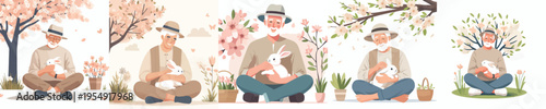 vector of a grandfather sitting hugging a rabbit in the garden during spring