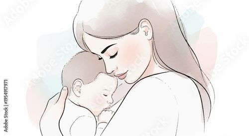 Tender mother holding and kissing newborn baby loving family moment warm illustration