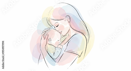 Mother tenderly holding and kissing newborn baby loving embrace pastel colors heartwarming moment family bonding illustration