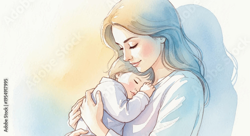 Tender mother holding baby close warm hug soft pastel colors loving embrace heartwarming moment family bonding gentle affectionate serene atmosphere indoor scene
