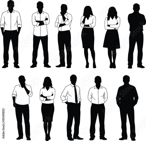 Business people silhouettes collection, diverse men and women standing poses, corporate professionals vector illustration, black and white minimal style, team concept