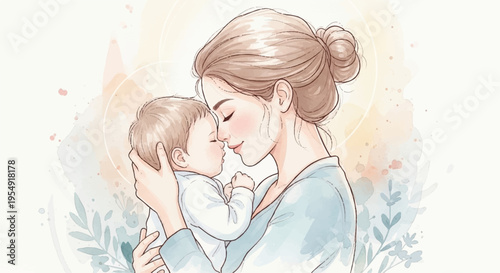 Tender mother holding baby close loving embrace soft pastel colors warm lighting gentle moment affectionate scene family love bonding parenthood care comfort serene background