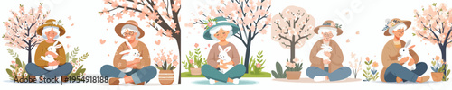 vector of a grandmother sitting hugging a rabbit in the garden during spring