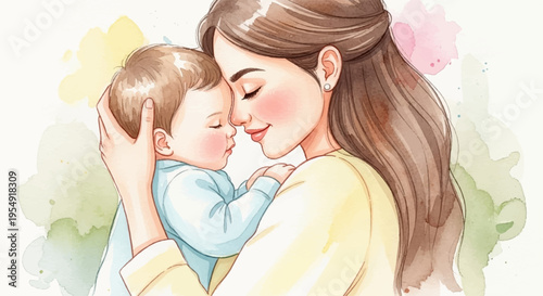Tender mother holding baby close loving embrace soft watercolor background