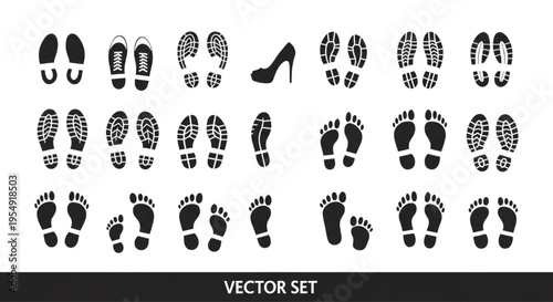 Shoes Print Icon Vector Set, Footprints Illustration Collection, Footstep Track Symbols, Shoe Sole Logo Design Elements