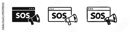 Online SOS Alert Icons with Browser Window and Megaphone for Urgent Web Notifications
