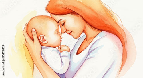 Tender moment of a mother gently kissing her newborn baby on the forehead with love and care