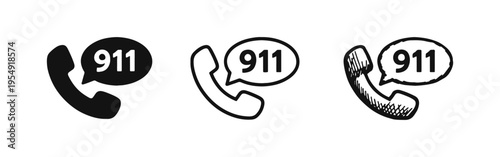 911 Emergency Call Icons Set with Telephone and Speech Bubble in Multiple Styles