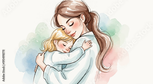 Tender mother hugging her little child warm embrace soft colors loving moment heartwarming scene family love parenthood childhood affectionate cozy atmosphere illustration