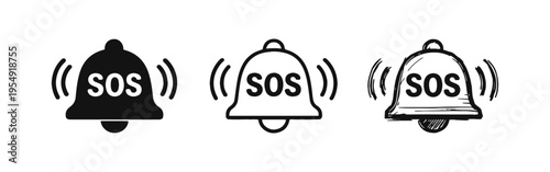SOS Emergency Bell Icon Set. Distress Signal and Help Symbol in Multiple Styles.