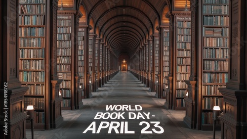 World Book Day Banner Over a Grand Majestic Library Hallway with Endless Bookshelf