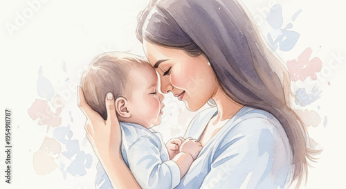 Tender moment of a mother gently kissing her sleeping baby on the forehead with love and care