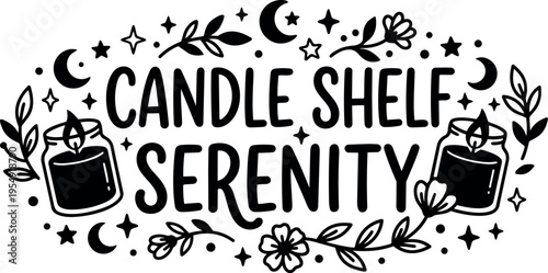 Candle shelf serenity phrase with floral moon stars and candle jars vector art