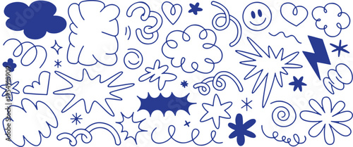 A collection of whimsical blue doodles on a white background