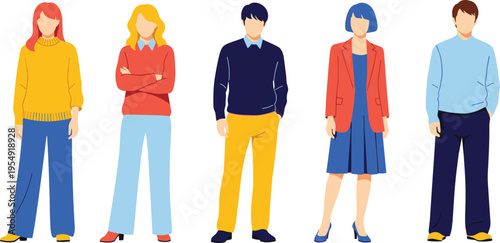 casual diverse people, modern everyday fashion, men women illustration, colorful outfits vector, relaxed style clothing, lifestyle characters, contemporary casual concept