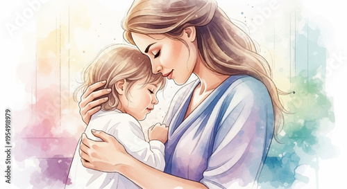 Tender mother embracing young child warm hug loving family moment soft watercolor background