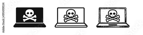 Computer Virus Warning Icon Set. Laptop Malware and Cyber Security Threat Symbol.