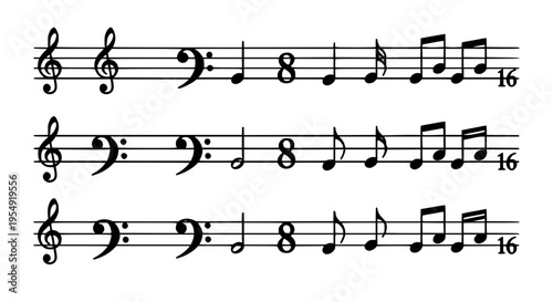 Sheet music with three staves and musical notes in black ink on white background featuring treble clef, bass clef, melody with harmony and rhythm