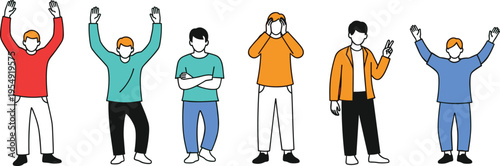 Colorful flat vector illustration of diverse people, standing and expressing emotions, gestures, casual outfits, isolated on white background, modern design