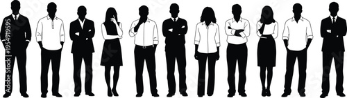 Diverse business people silhouettes lineup, professional men and women standing together, black and white vector illustration, corporate team concept, minimal style