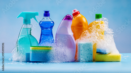Cleaning bottles foam sponges detergent colorful household cleaners and sudsy brushes on blue surface with bubbles for kitchen and bathroom cleaning supplies