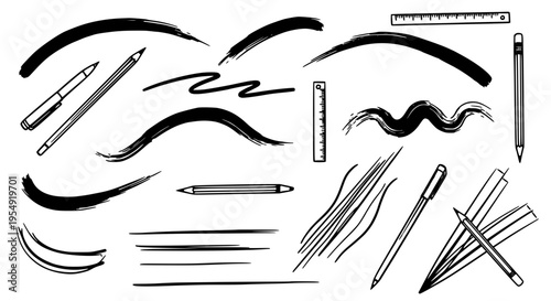 Pencils hand drawn set with black lines, strokes, and ruler for drawing and writing featuring illustration, graphic design, art supplies with
