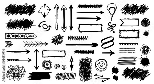 Arrows hand drawn set with black curved lines, scribbles, and grunge textures, including straight and pointed arrowheads