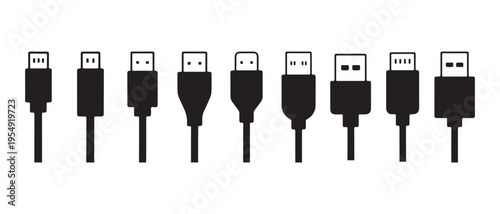 Collection of USB Connector Types. USB-C, Micro, Mini, and Standard-A Plugs, Presented as Flat Black Icons on White Background.