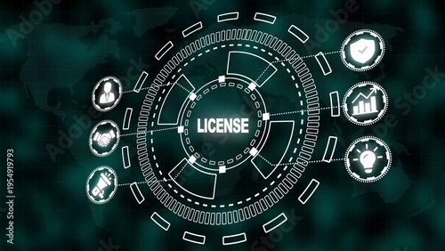 Abstract Digital HUD Interface with the word LICENSE in the center, linked to business and technology icons on a dark world map