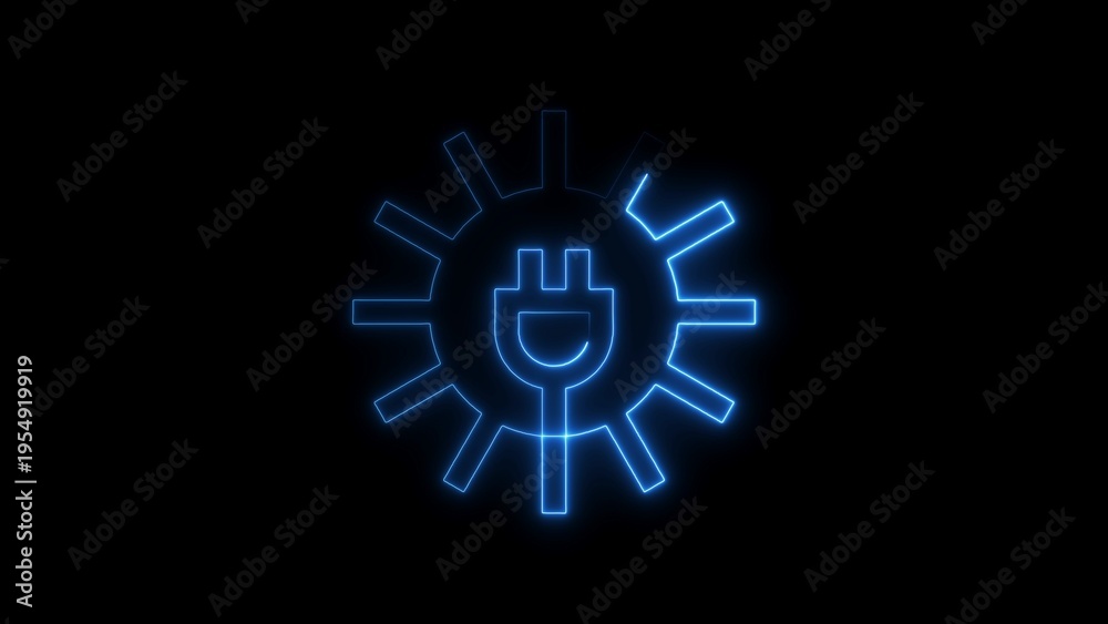 Obraz premium Blue Neon Electrical Plug Inside a Gear Shape on a Black Background abstract bright