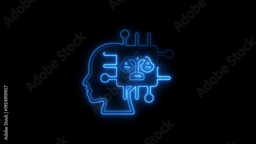 Blue Neon Light Icon of a Human Head Profile with a Circuit Board and Scales of Justice Symbol artificial intelligence