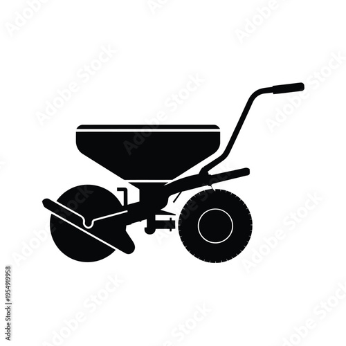 Simple black silhouette of a manual seed drill or fertilizer spreader