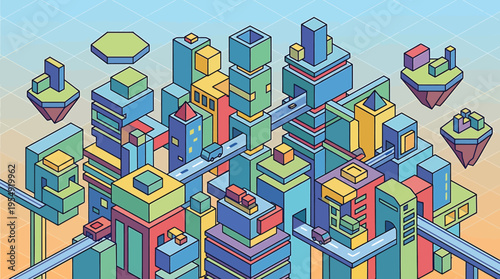 A vibrant isometric pixel city landscape featuring futuristic architecture and busy roadways