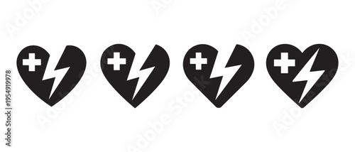 Row of Four Black Defibrillator Heart Icons with Medical Cross and Lightning Bolt on White Background Representing Cardiac Health and Emergency Medical Services.