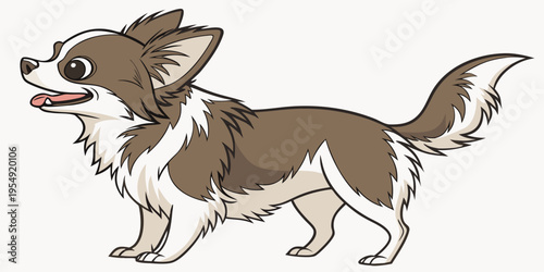 "A professional, ultra high-resolution 3D photorealistic render of a long-haired Chihuahua dog, isolated on a solid white background. The small canine is shown in a three-quarter standing pose, featur