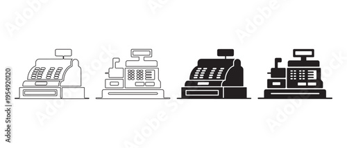 Vintage Cash Register Icons Set. with Black Line Art and Solid Glyphs for Retail Payment and Business Concepts.
