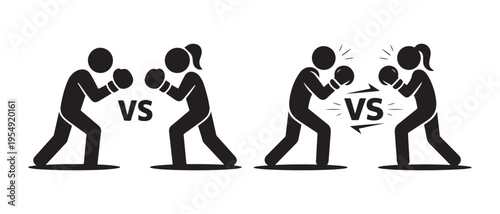 Male and Female Stick Figures Boxing, Depicting Gender Competition and Equality with VS Symbol on White Background.