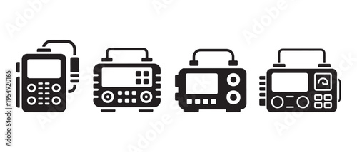 Collection of Black Silhouette Portable Radio Transceiver Icons on White Background, Symbolizing Communication Technology.
