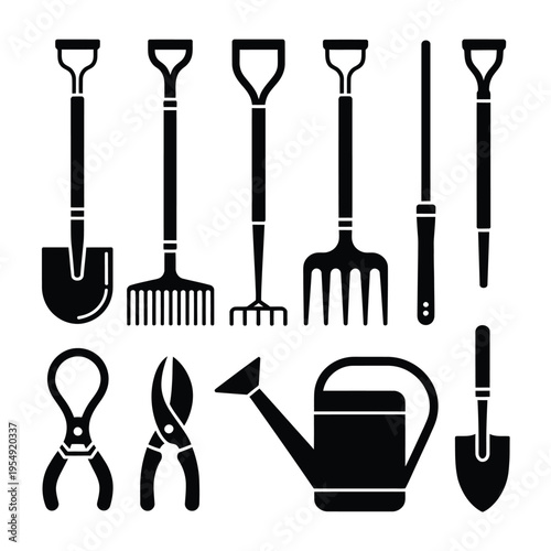 Black silhouette icons depicting various gardening tools and equipment