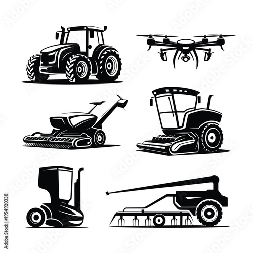 Agricultural machinery collection tractors drones and harvesting equipment