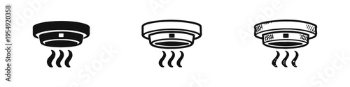 Smoke Detector Fire Alarm Icons. Safety Sensor Device Symbols with Detection Waves in Vector and Doodle Art Styles.