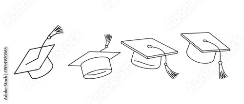 Hand Drawn Line Art Graduation Caps Collection. Representing Academic Achievement and Educational Success.