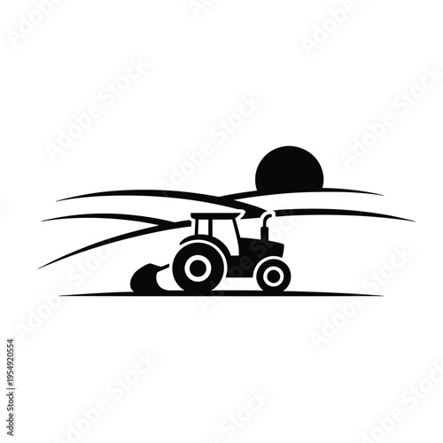 A black silhouette of a tractor farming under a setting sun