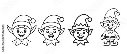 Happy Christmas Elf Cartoon Characters Line Art Set. Cute Holiday Helper Illustrations for Kids Activities and Design.