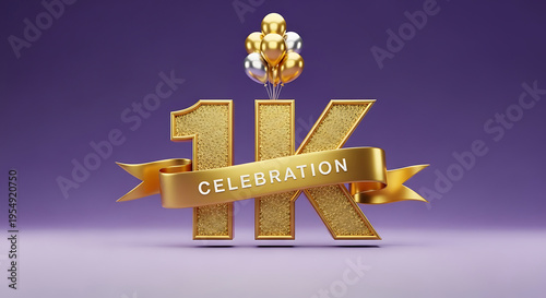 3d rendering of a golden 1k celebration sign with balloons on a purple background