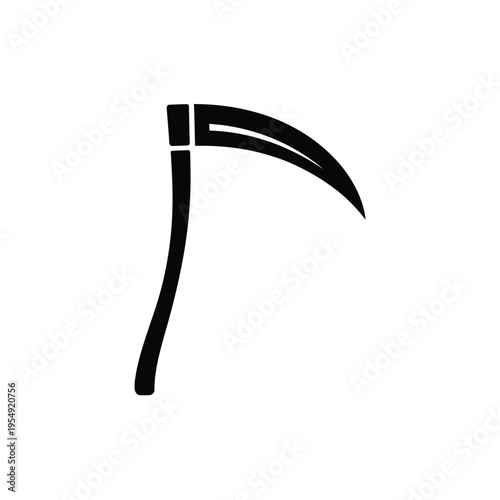 A stark black silhouette of a traditional scythe on a white background